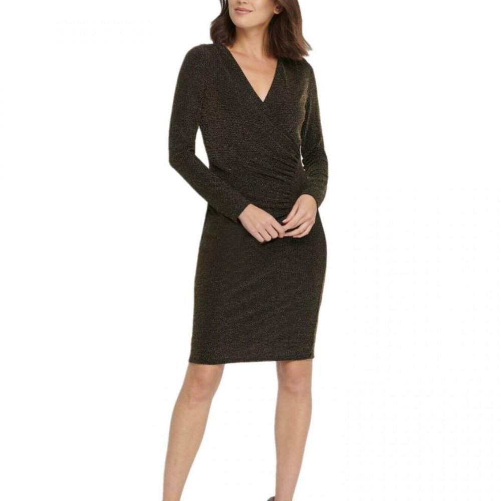 DKNY Black Metallic Body-con Sheath Midi Dress Ruched Cocktail Dress Size 14